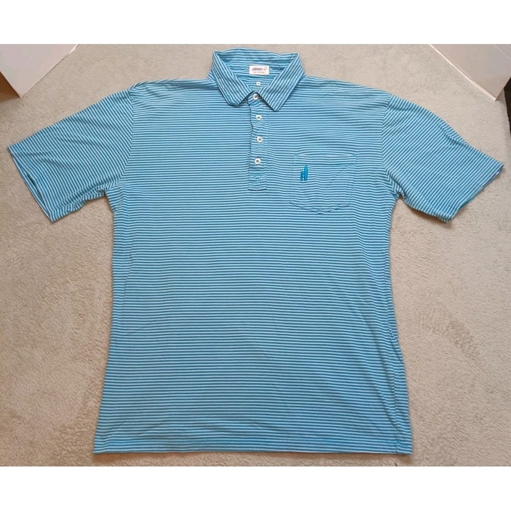 Johnnie-O Mens Medium Green Striped Short Sleeve Pocket Polo Shirt Casual Golf